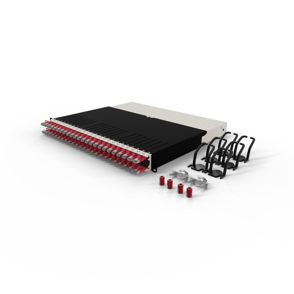 Red 8RU Cat.6a STP cable management system front view
