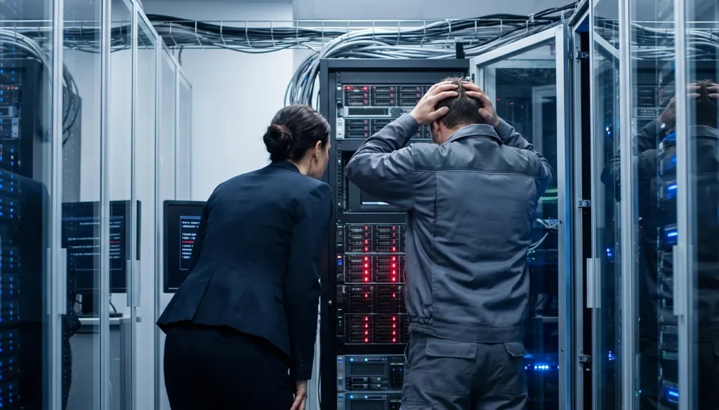 V serverovně stojí podnikatelka a síťový technik zády k kamerě. Technik si v zoufalství drží hlavu, zatímco červená výstražná světla signalizují technický problém.
