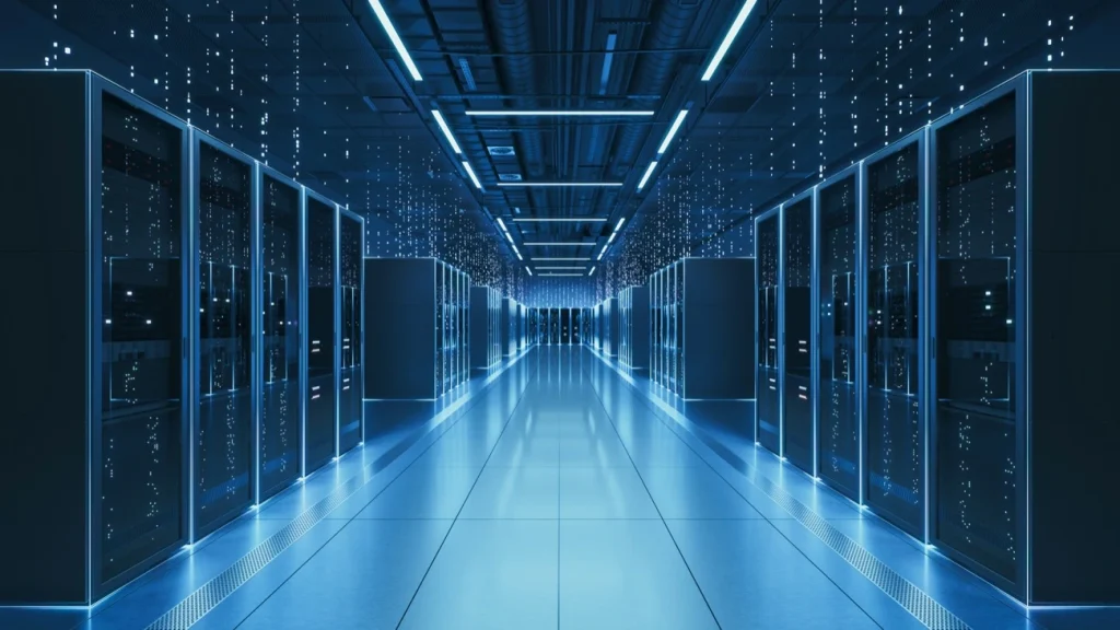 Rows of server racks lining a blue-lit central aisle in a data center.