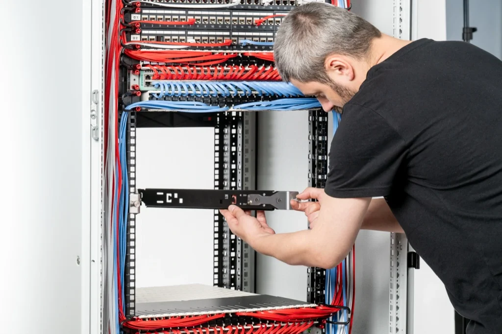 Technician fitting a PATCHBOX Setup.exe installation aid into a network rack with red and blue patch cables.